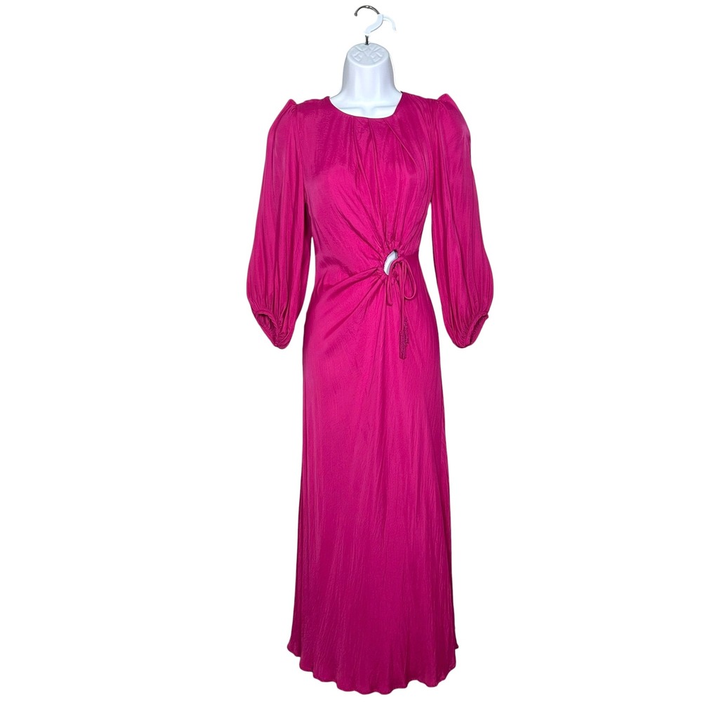 Farm Rio Hot Pink Cut Out Maxi Dress Satin Beaded Tassel Puff Sleeve XS